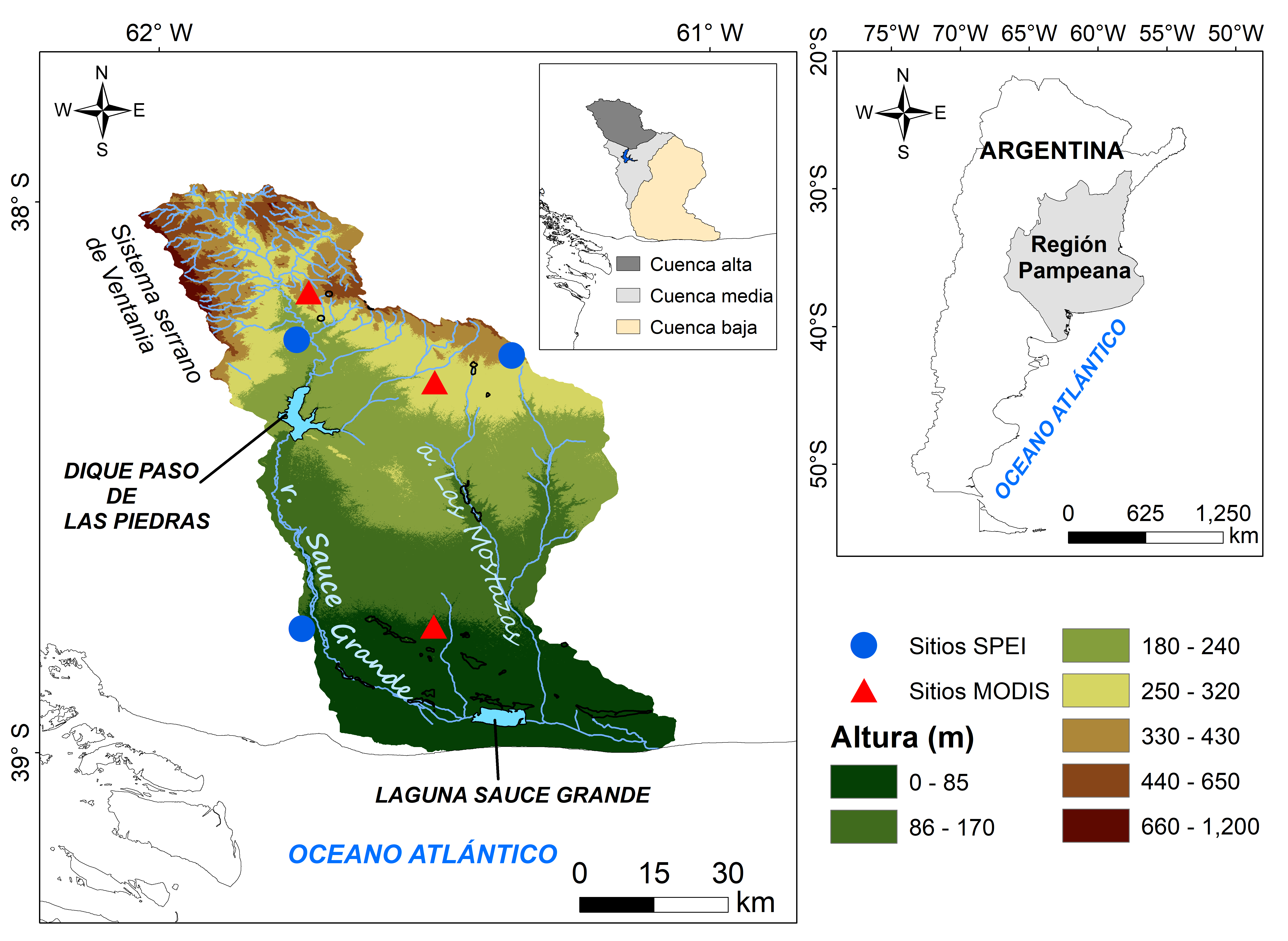 Localización de la cuenca del río Sauce Grande y de
los sitios de SPEI y NDVI utilizados en el presente trabajo.