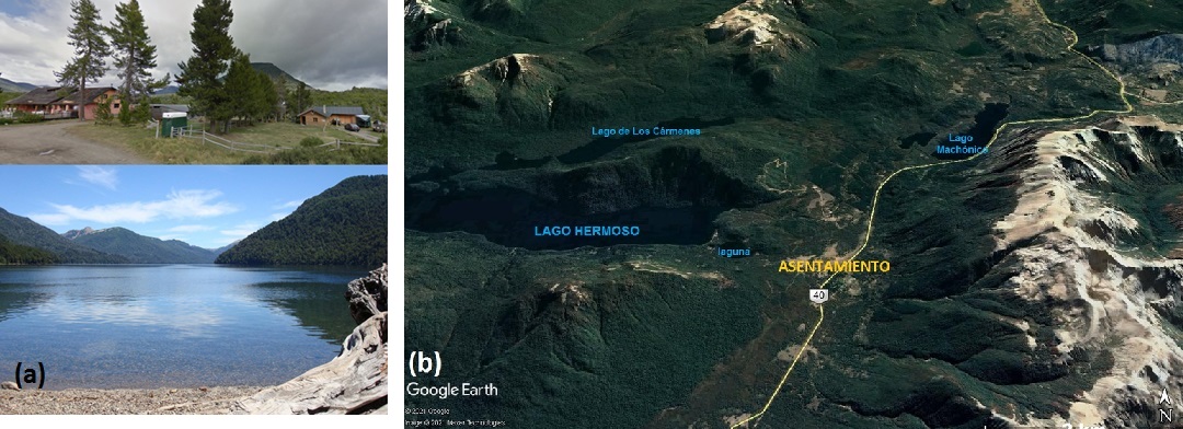 Relieve de Lago Hermoso. (a) Fotografías del lago y el asentamiento. (b) Ubicación en la imagen Google Earth (Maxtar Technologies, CNES/Arbus del 06/03/2018).
