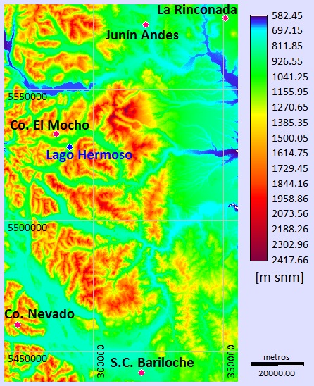 Modelo digital de elevación con la ubicación de
las estaciones meteorológicas y del asentamiento Lago Hermoso (proyección
UTM-19S, WGS1984). 