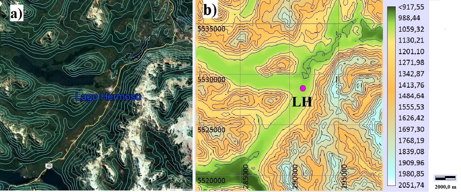 a) imagen Google Earth, para el área del asentamiento Lago Hermoso (LH) b) Modelo digital de elevación usado en WAsP, ubicación del asentamiento LH (proyección UTM-19S, (NASA JPL, 2013) y curvas
de nivel cada 100 m. 
