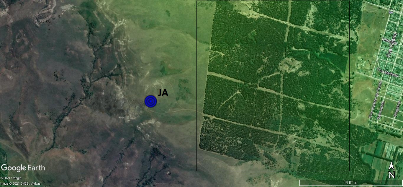 Estación de medición de Junín de los Andes (JA). Imagen Google Earth (06/03/2018). El área sombreada verde, a la derecha
de la imagen, corresponde a una forestación.