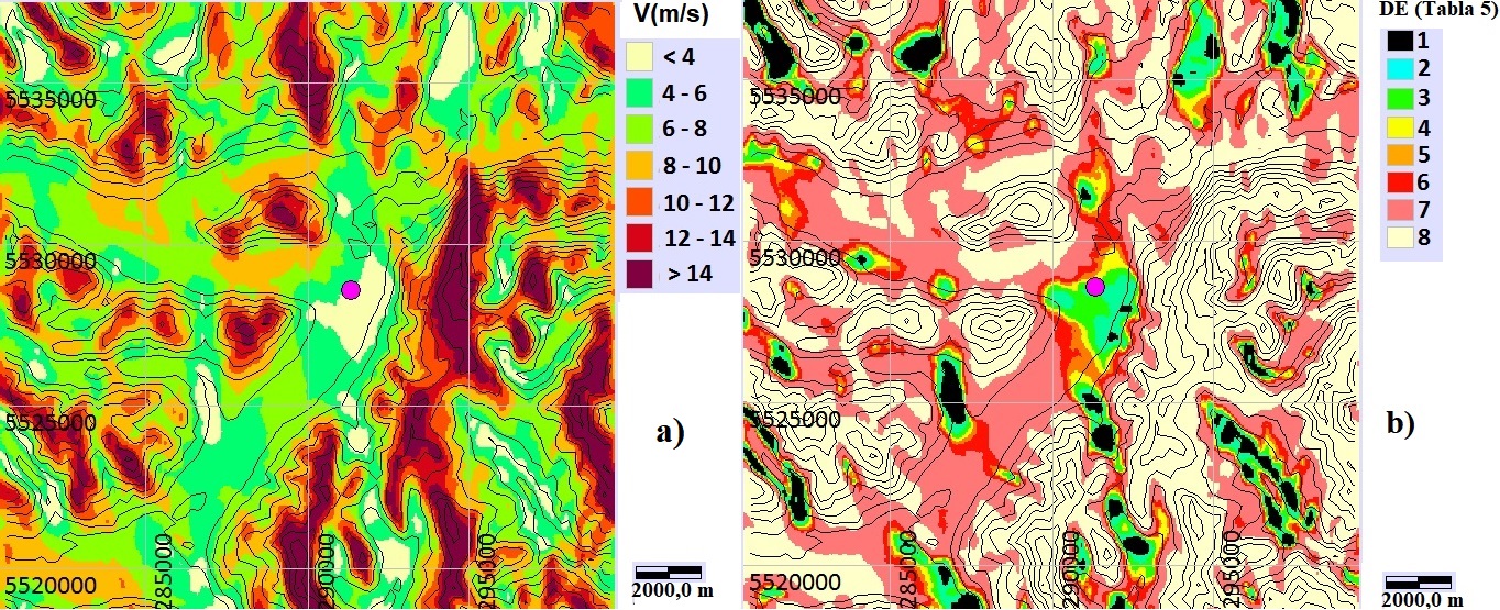 Mapas del potencial eólico medio anual en Lago Hermoso a 30 m de altura. (a) Velocidad (V, m/s); (b) Densidad de potencia eólica según Tabla 5.