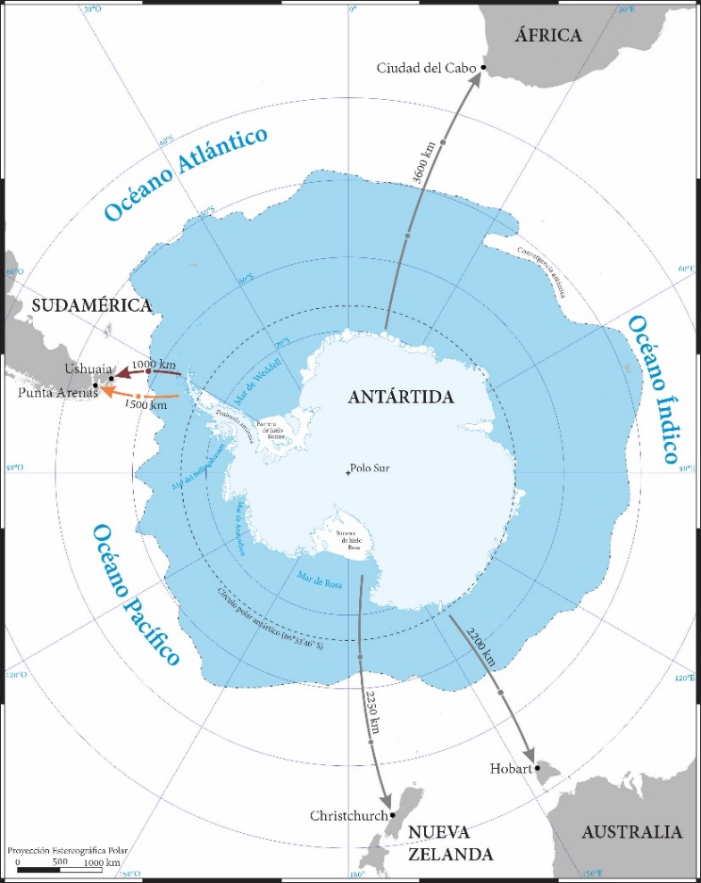 Ubicación
de Ushuaia y Punta Arenas como puertas de entrada a la Antártida. 