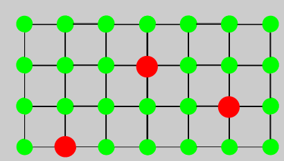  Esquema de estructura cristalina periódica con impurezas (círculos rojos).