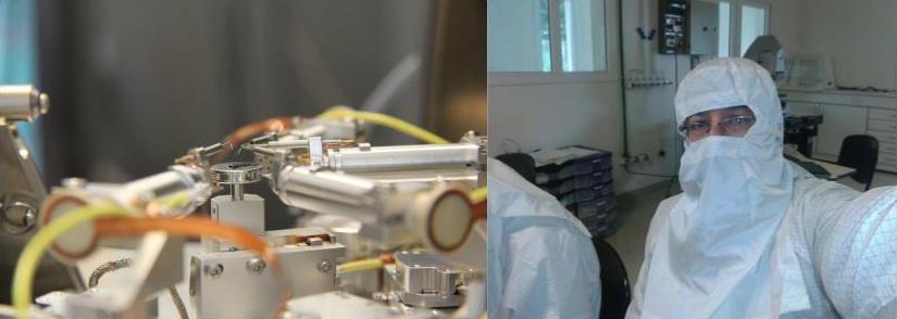 A la izquierda, detalle de la platina del nanomanipulador que va en la cámara del microscopio electrónico de barrido, donde están sus actuadores piezoeléctricos y las cuatro puntas de prueba. A la derecha, en la Sala limpia del INN-CAB, operando el Microscopio SEM y su nanomanipulador.